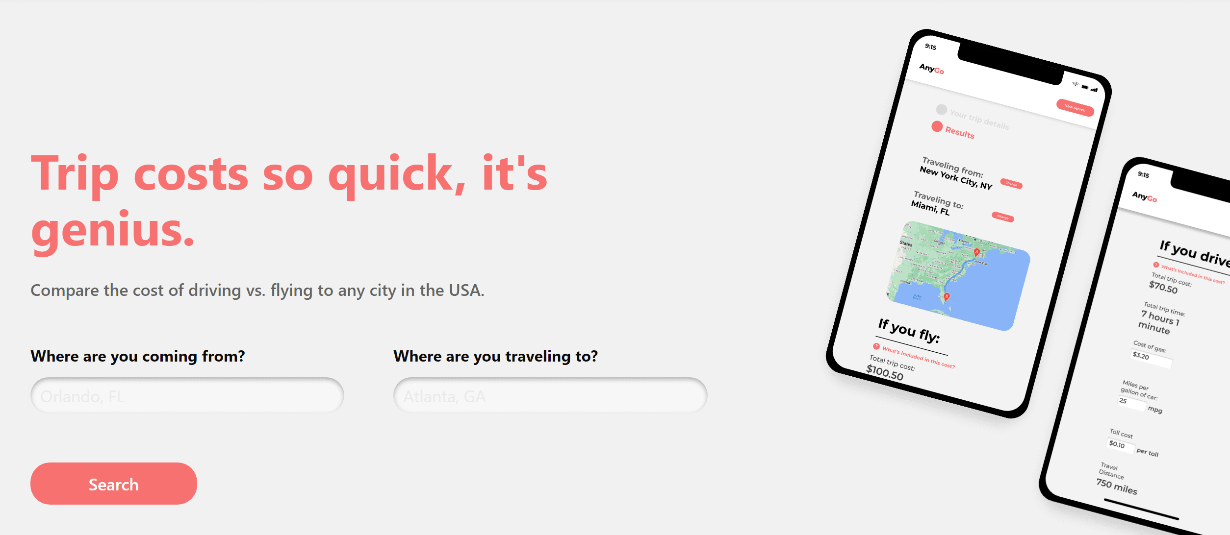 Compare the cost of flying and driving at AnyGo